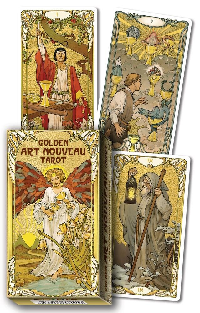 Golden Art Nouveau Tarot – Deck, Grand Trumps & Mini | Gold Foil Art Nouveau Tarot | Lo Scarabeo